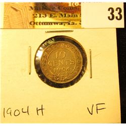 1904H Newfoundland Silver Dime, VF.