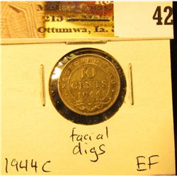 1944C Newfoundland Silver Dime, EF, facial digs.