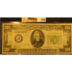 Series 1934C $20 Federal Reserve Star Replacement Note, "Kansas City, Missouri", S/N J00400199*, VF.