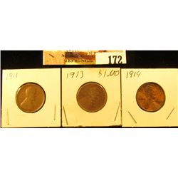 1911 P, 13 P, & 14 P Lincoln Wheat Cents, Good.