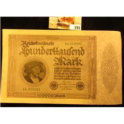 1923 German 100,000 Mark Banknote, Crisp Uncirculated.