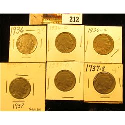1936 P, D, S, 37 P, D, & S Buffalo Nickels. Grades up to VF.