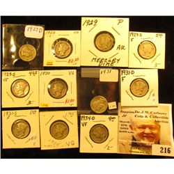 1927 D, 28 S, 29 P, D, S, 30 P, 31 P, D, S, 34 P, & D Mercury Dimes, grades up to VF.