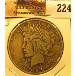1922 D U.S. Peace Silver Dollar, Fine.