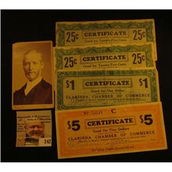 Set of Four Clarinda, Iowa Chamber of Commerce April 10th, 1933 Depression Scrip: (2) 25c, $1, & $5.