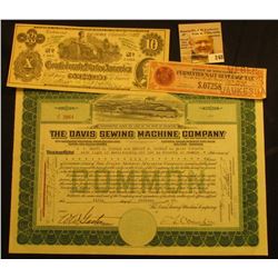 Oct. 5th, 1922 Stock Certificate for One Share of "The Davis Sewing Machine Company…State of Delawar