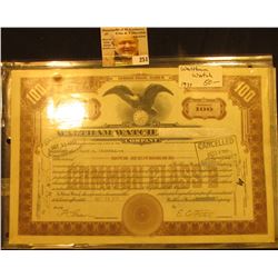 Oct. 22, 1937 Certificate No. 973 for One Hundred Shares "Walthan Watch Co.", interesting name chang