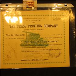 36 1/2 Shares "…State of Nebraska 1907 The Press Printing Company of Nebraska City, Nebraska…Shares 