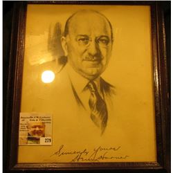 Black and White Sketch of 1932 Illinois Governor, Henry Horner, autographed by same "Sincerely Yours