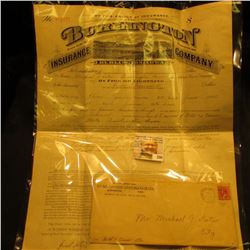1893 Policy of Insurance "Burlington Insurance Company Burlington, Iowa" ornate policy signed by "Jo