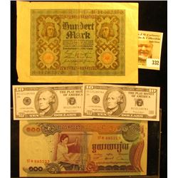 Cambodia 100 Baht Bank note, CU; 1920 Germany 100 Mark Banknote; & (2) pieces of Play Money.