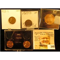 1960 P & D Cent, BU in plastic Case; 1928 S & 29 D Lincoln Cents; & 2002 S Proof Native American Dol