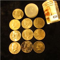 Plastic Tube with a partial roll of Kennedy Half-Dollars dated 1969 D to 2014 D, Some BU. (10 pcs.)
