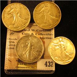 1936 D, 37 P, 42 P, & 43 S VF-EF U.S. Walking Liberty Half-Dollars.