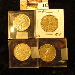1927 S, 35 P, 39 D, & 44 D Walking Liberty Half Dollars grading up to EF.