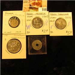 1943A French Indo-China 5 cents KM27 VF; 1939 French Indo-China 10 cents KM21.1 VF; 1965 French Poly