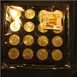 16-pocket Felt Coin Tray full of U.S. Kennedy Half Dollars. Includes a 1968 D 40% Silver, Gem BU.