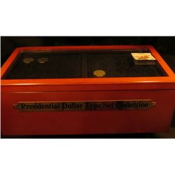 Cherry Wood glass topped case with brass handles containing (23) Quarters; (8) Presidential Dollars,