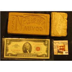 Series 1963 $2 "Red Seal" U.S. Note, AU; 5" x 2 1/2" x 1 1/2" Clay Brick monogrammed "Old Nauvoo Boo