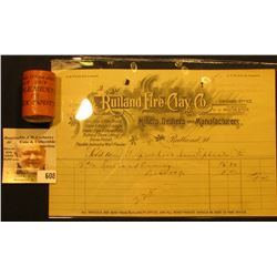 1800 era "Rutland Fire Clay Co. Miners, Dealers and Manufacturers Rutland, Vt." Invoice; Clay Pipe B