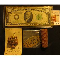 Corn Cob Pipe Bowl (no stem); brass Beer Barrel plate "Pabst Brewing Co. 10477"; Stoneware Stud with