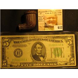 Clay Indian Trade Pipe, vertical fluted; & Series 1934A $5 Federal Reserve Note "H" St. Louis, Misso