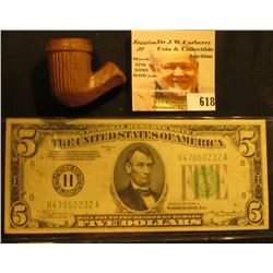 Clay Indian Trade Pipe, vertical fluted; & Series 1934A $5 Federal Reserve Note "H" St. Louis, Misso
