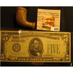 Clay Indian Trade Pipe, no fluting; & Series 1934 $5 Federal Reserve Note "H" St. Louis, Missouri, p