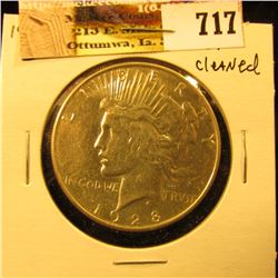 1928 S U.S. Peace Silver Dollar, VF. Cleaned.