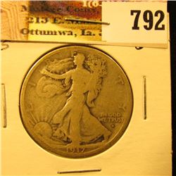 1917 Obverse S U.S. Walking Liberty Half Dollar, Good.