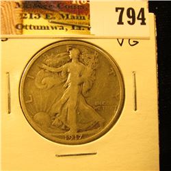 1917 Reverse S U.S. Walking Liberty Half Dollar, Very Good.