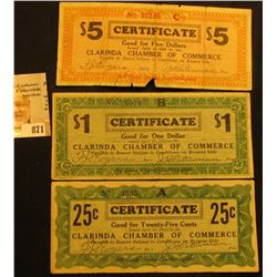 April 10th, 1933 Clarinda, Iowa Depression Scrip Three-piece Set.  MS #:  IA220-.25A, 1, &  5A. Each