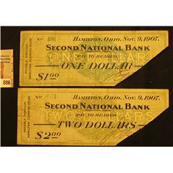Pair of Right lower Corner cut cancel "Hamilton, Ohio Nov.9, 1907 Second National Bank Hamilton, Ohi