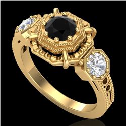 1.01 CTW Fancy Black Diamond Solitaire Art Deco 3 Stone Ring 18K Yellow Gold - REF-96A4X - 37466