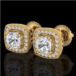 1.25 CTW Cushion Cut VS/SI Diamond Art Deco Stud Earrings 18K Yellow Gold - REF-218F2N - 37036