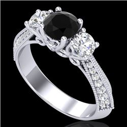1.81 CTW Fancy Black Diamond Solitaire Art Deco 3 Stone Ring 18K White Gold - REF-180A2X - 38024