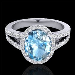 3 Sky Blue Topaz & Micro VS/SI Diamond Halo Solitaire Ring 18K White Gold - REF-69A3X - 20933