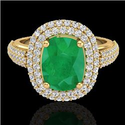 3.50 CTW Emerald & Micro Pave VS/SI Diamond Halo Ring 18K Yellow Gold - REF-143W6F - 20718