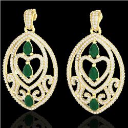 7 CTW Emerald & Micro Pave VS/SI Diamond Heart Earrings Designer 18K Yellow Gold - REF-381T8M - 2115