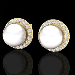 0.50 CTW Micro Pave Halo VS/SI Diamond & Pearl Earrings 18K Yellow Gold - REF-61X5T - 21507
