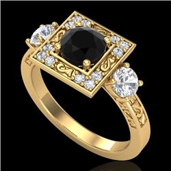 1.55 CTW Fancy Black Diamond Solitaire Art Deco 3 Stone Ring 18K Yellow Gold - REF-149N3Y - 38173
