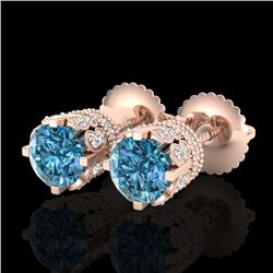 1.75 CTW Fancy Intense Blue Diamond Art Deco Stud Earrings 18K Rose Gold - REF-172H8A - 37356