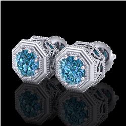 1.07 CTW Fancy Intense Blue Diamond Art Deco Stud Earrings 18K White Gold - REF-118T2M - 37936