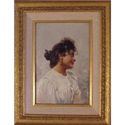 19th Century School, SMILING WOMAN, oil painting on board, 8 1/4 x 5 3/4", framed. Starting bid...