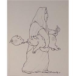 Lorenzo Alessandri (b. 1927) Italian Surrealist, WOMAN WITH PIG, 1965, ink drawing on stiff wov...