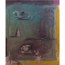 American School (20th Century), STILL LIFE WITH TEA CUPS, oil painting on canvas, 35 x 30 1/2",...