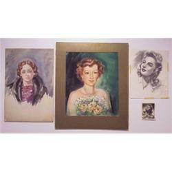 Ken Barker (20th Century) American (four), INGRID BERGMAN, charcoal drawing on paper, 12 x 10",...