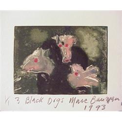 Marc Baseman (20th Century) American, THREE BLACK DOGS, 1993, original color monotype, signed i...