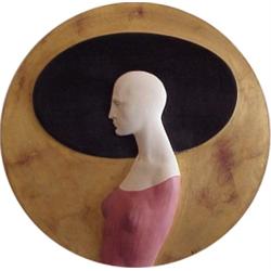 Ben (20th Century) American, WOMAN WITH HAT, acrylic painted wood sculpture, 23" diameter, sign...