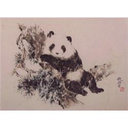 Suzanne Chan (20th Century) American, PANDA, watercolor on handmade paper, 22 3/4 x 31 1/2", si...